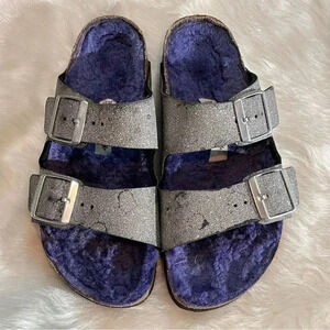 Birkenstock Silver Sandals with Purple Lining